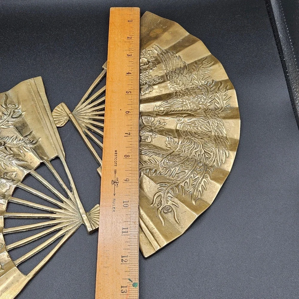 Vintage ENESCO Solid Brass Phoenix Fan Wall Art Set of 2 Taiwan Chinoiserie